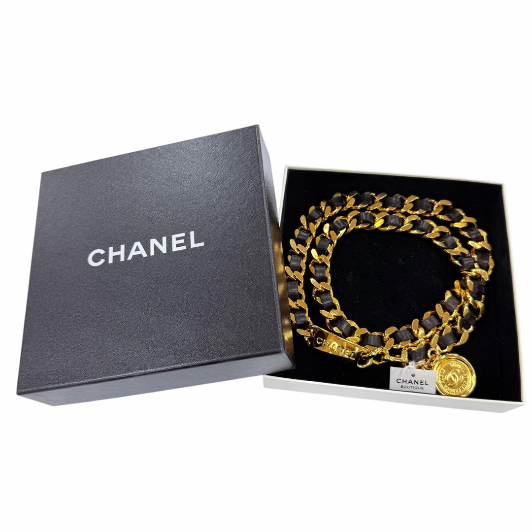 未使用品☆CHANEL シャネル ヴィンテージ メタル ロゴ・ココマーク コイン レザー使い チェーン ベルト ゴールド ブラック 箱付