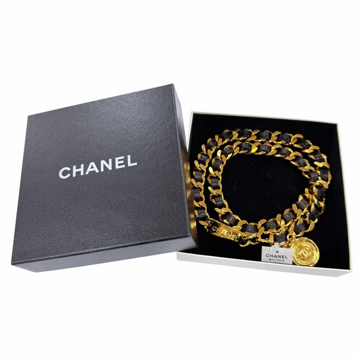 未使用品☆CHANEL シャネル ヴィンテージ メタル ロゴ・ココマーク コイン レザー使い チェーン ベルト ゴールド ブラック 箱付