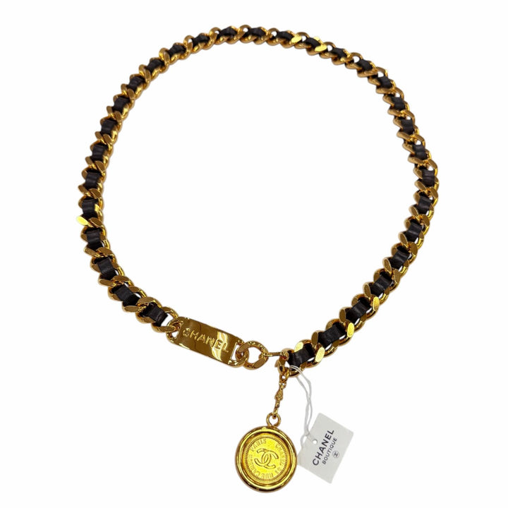 未使用品☆CHANEL シャネル ヴィンテージ メタル ロゴ・ココマーク コイン レザー使い チェーン ベルト ゴールド ブラック 箱付