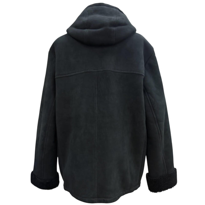 極美品▼PRADA プラダ 2023年製 UPS608 S232 シープスキン染ファー エンボスロゴ フーデッド ZIP ムートンジャケット ブラック 48 正規品