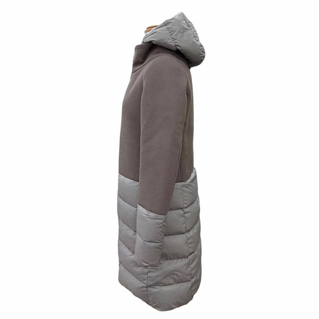 未使用品△Herno ヘルノ PI0848D DIAGONAL WOOL AND NUAGE PARKA ロゴプレート ウール切替 フード付き ダウンコート ブラウン 38 正規品