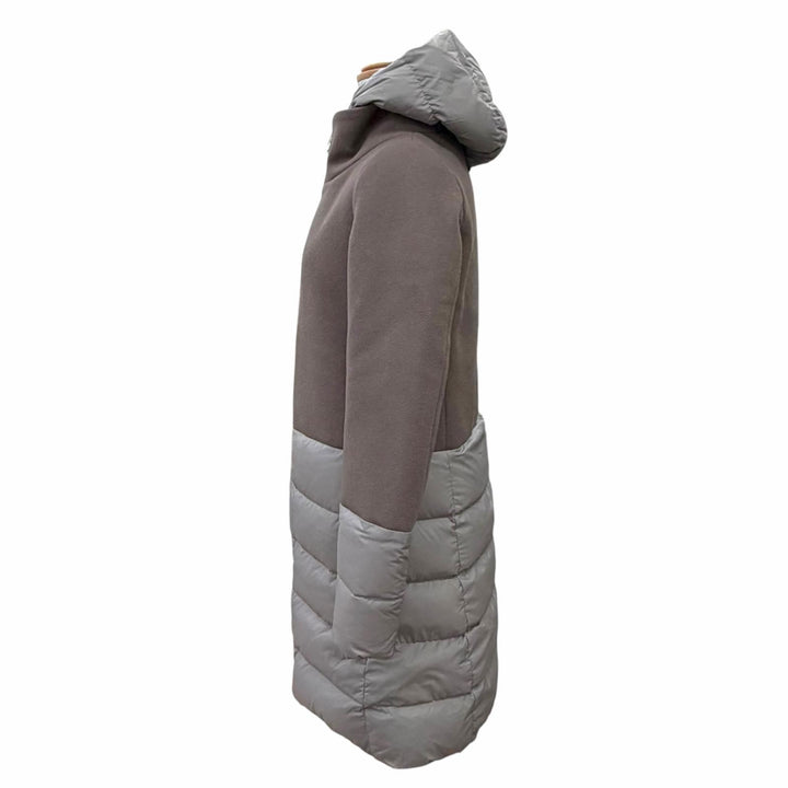 未使用品△Herno ヘルノ PI0848D DIAGONAL WOOL AND NUAGE PARKA ロゴプレート ウール切替 フード付き ダウンコート ブラウン 38 正規品