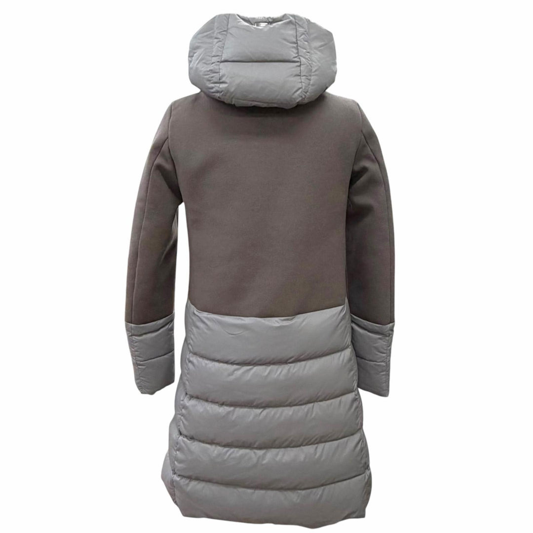 未使用品△Herno ヘルノ PI0848D DIAGONAL WOOL AND NUAGE PARKA ロゴプレート ウール切替 フード付き ダウンコート ブラウン 38 正規品