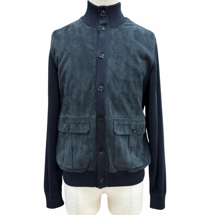 美品▼Brioni ブリオーニ スウェードレザー ニット切替 スタンドカラー ロゴ入ボタン ブルゾン ジャケット ネイビー S 正規品 メンズ