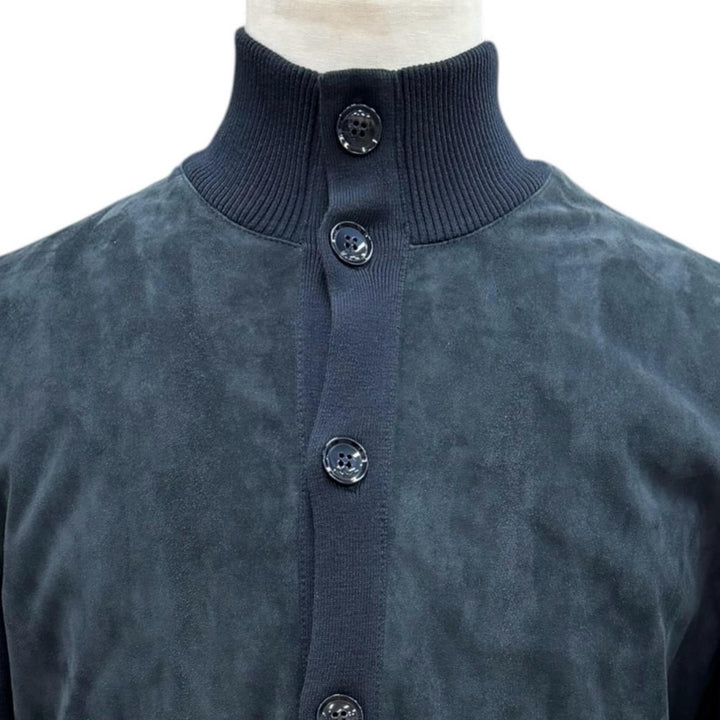 美品▼Brioni ブリオーニ スウェードレザー ニット切替 スタンドカラー ロゴ入ボタン ブルゾン ジャケット ネイビー S 正規品 メンズ