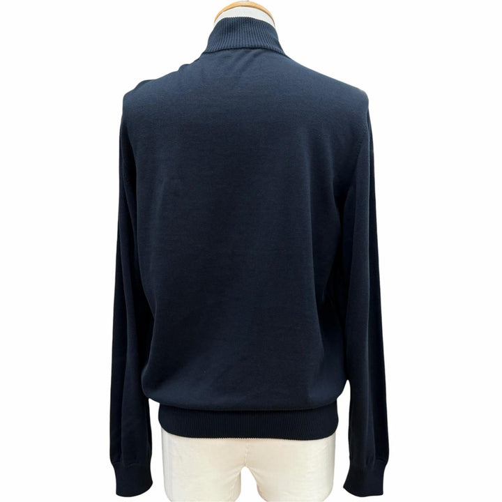 美品▼Brioni ブリオーニ スウェードレザー ニット切替 スタンドカラー ロゴ入ボタン ブルゾン ジャケット ネイビー S 正規品 メンズ