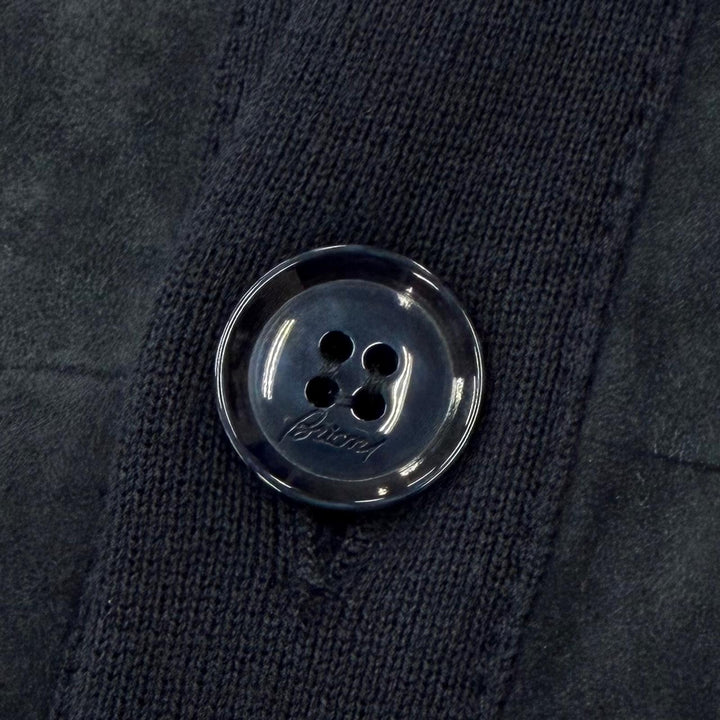 美品▼Brioni ブリオーニ スウェードレザー ニット切替 スタンドカラー ロゴ入ボタン ブルゾン ジャケット ネイビー S 正規品 メンズ