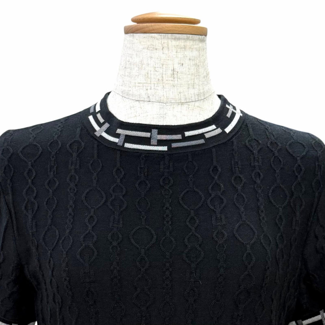 極美品△HERMES エルメス 23AW 3H2618DA Do Re Boucles ド レ ブックル カシミヤ シルク 半袖ニット ブラック 36 伊製 正規品 レディース