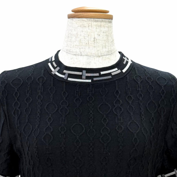 極美品△HERMES エルメス 23AW 3H2618DA Do Re Boucles ド レ ブックル カシミヤ シルク 半袖ニット ブラック 36 伊製 正規品 レディース