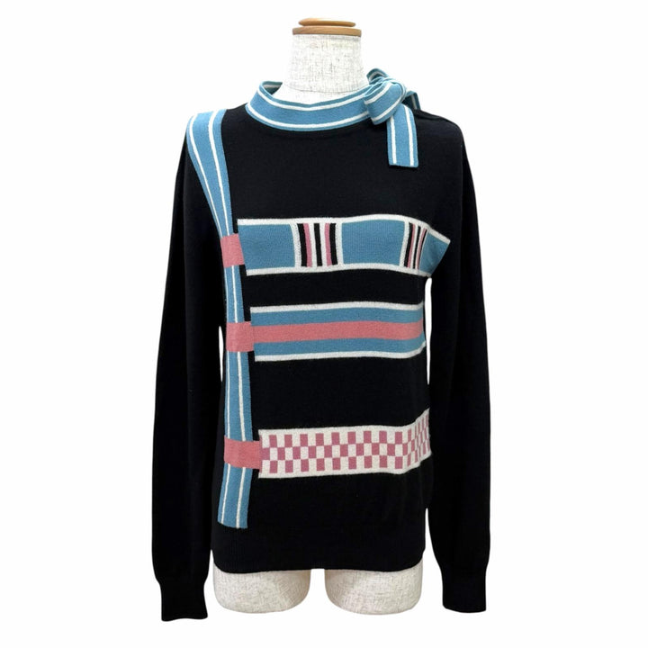 極美品△HERMES エルメス 4H2633D8 Lettres Equestres レトル エケスト カシミヤ100％ 長袖 ニット ブラック ブルー ピンク IT 36 伊製