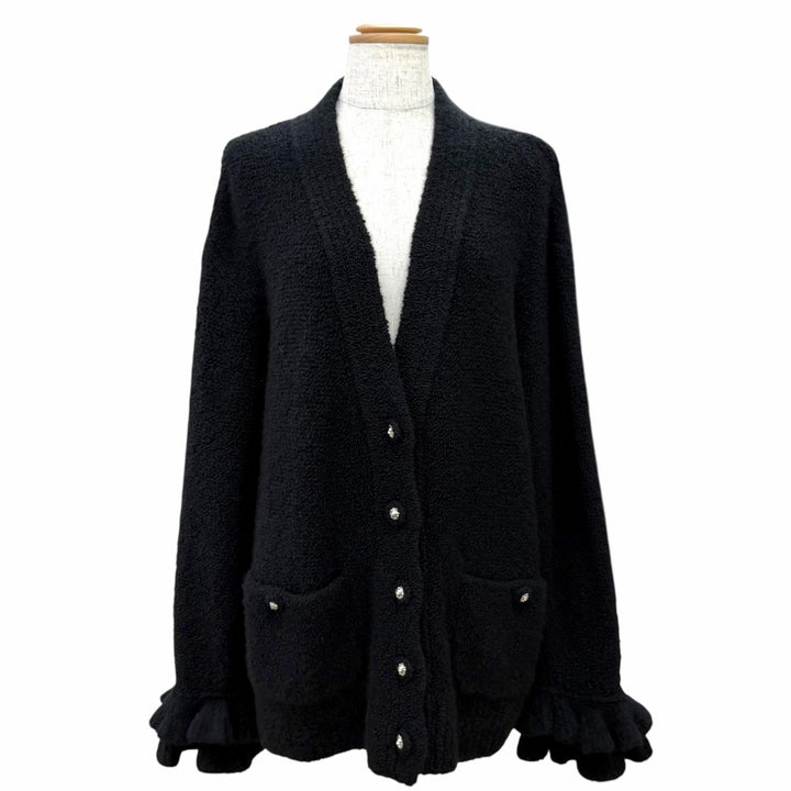 極美品△CHANEL シャネル P78396K11326 カシミヤ ウール ライオンボタン 袖口フリル Vネック 長袖 ニット カーディガン 黒 IT 38 正規品