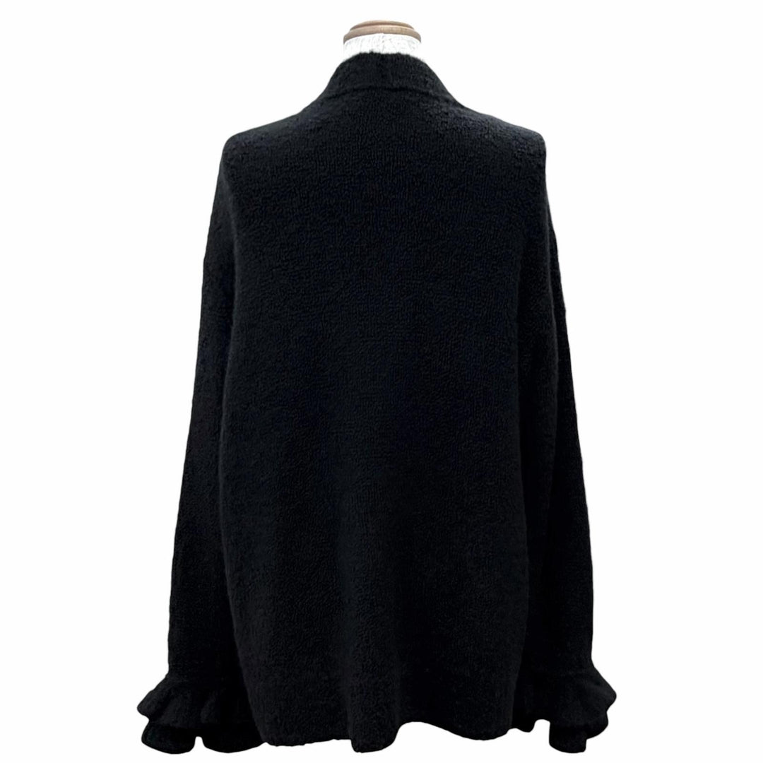 極美品△CHANEL シャネル P78396K11326 カシミヤ ウール ライオンボタン 袖口フリル Vネック 長袖 ニット カーディガン 黒 IT 38 正規品