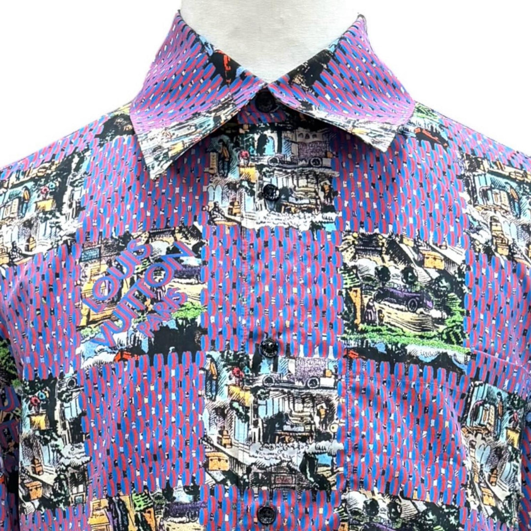 極美品▼LOUIS VUITTON ルイヴィトン 22AW ダミエクラシック コットン100% ロゴ入りボタン ロングスリーブ 長袖シャツ マルチ M 正規品