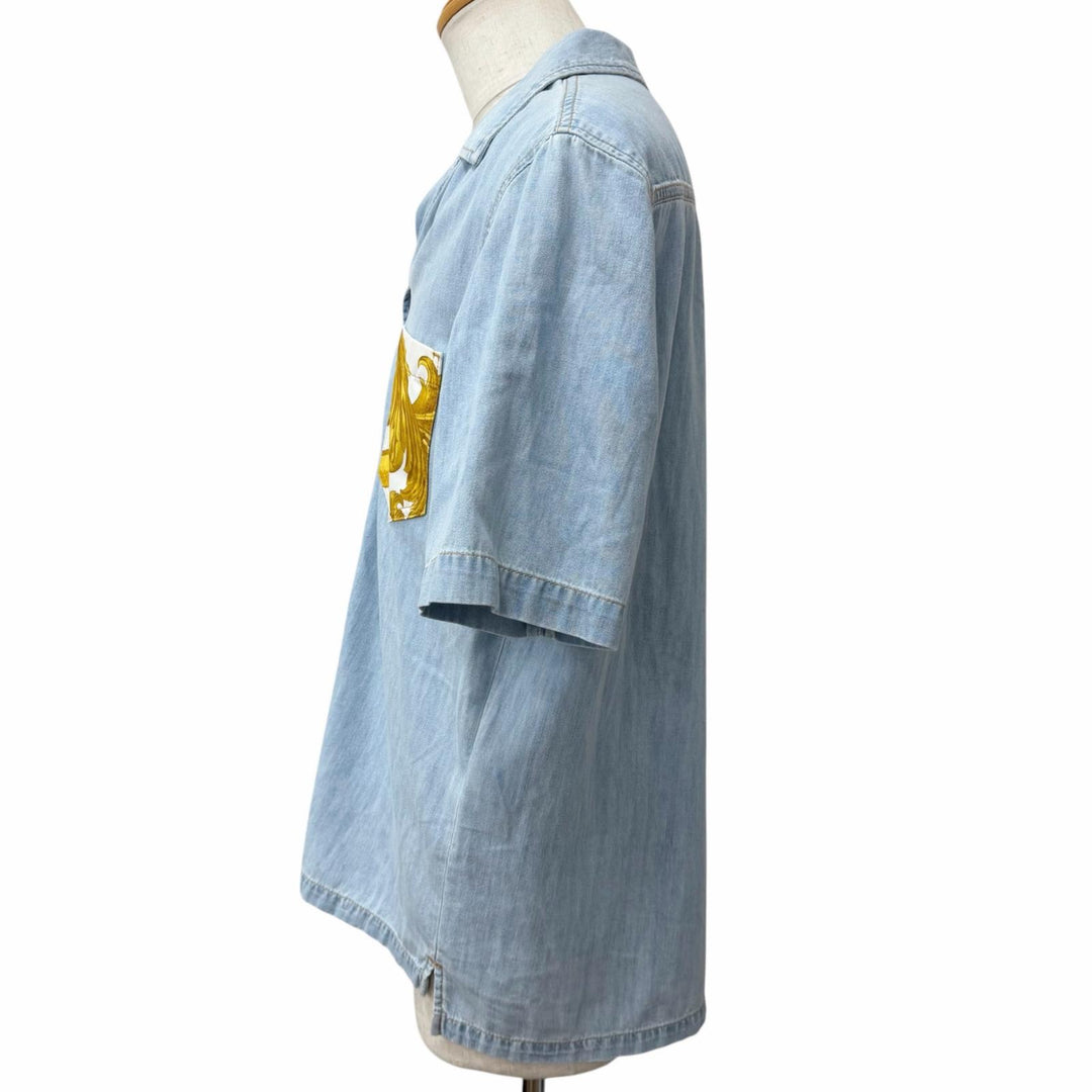 極美品□VERSACE ヴェルサーチ 2023年製 バロック メデューサボタン オープンカラー 半袖 デニムシャツ ライトブルー 48 正規品 メンズ