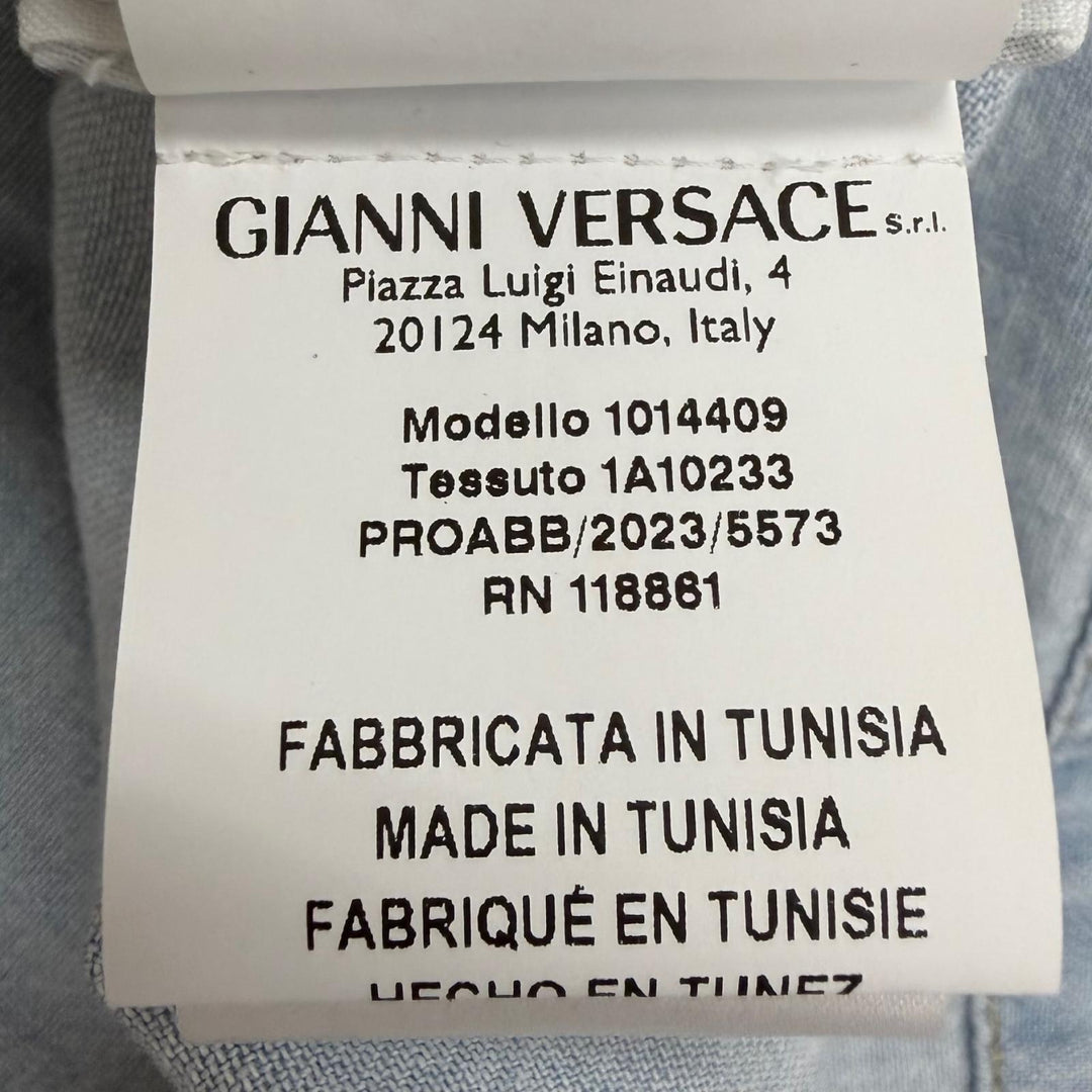極美品□VERSACE ヴェルサーチ 2023年製 バロック メデューサボタン オープンカラー 半袖 デニムシャツ ライトブルー 48 正規品 メンズ