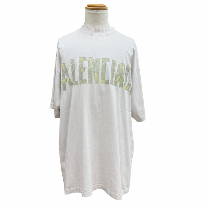 極美品▼BALENCIAGA バレンシアガ 739784 テープロゴ ダメージ加工 クルーネック オーバーサイズ 半袖Ｔシャツ ベージュ L 正規品 メンズ