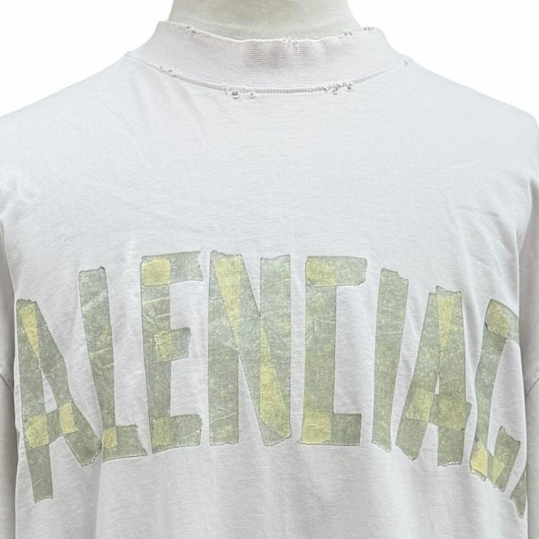 極美品▼BALENCIAGA バレンシアガ 739784 テープロゴ ダメージ加工 クルーネック オーバーサイズ 半袖Ｔシャツ ベージュ L 正規品 メンズ
