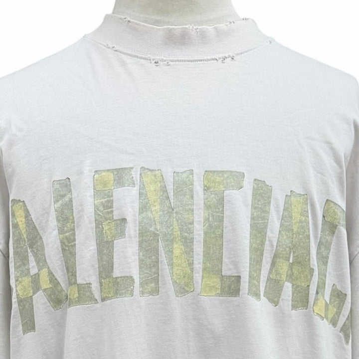 極美品▼BALENCIAGA バレンシアガ 739784 テープロゴ ダメージ加工 クルーネック オーバーサイズ 半袖Ｔシャツ ベージュ L 正規品 メンズ