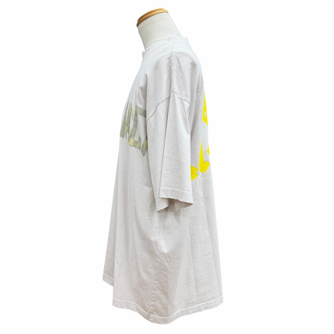 極美品▼BALENCIAGA バレンシアガ 739784 テープロゴ ダメージ加工 クルーネック オーバーサイズ 半袖Ｔシャツ ベージュ L 正規品 メンズ
