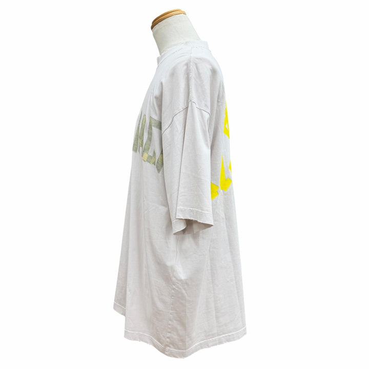 極美品▼BALENCIAGA バレンシアガ 739784 テープロゴ ダメージ加工 クルーネック オーバーサイズ 半袖Ｔシャツ ベージュ L 正規品 メンズ
