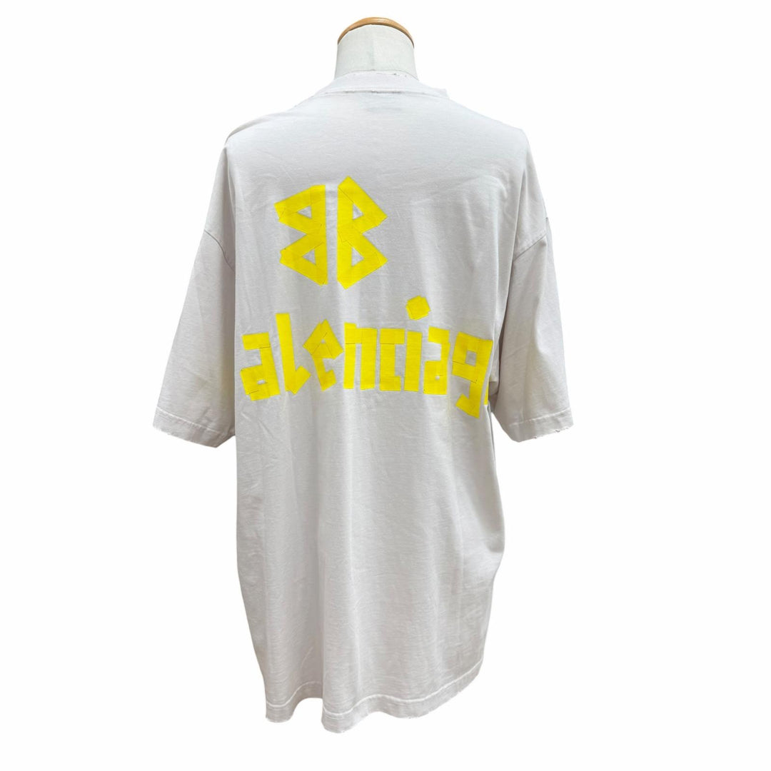 極美品▼BALENCIAGA バレンシアガ 739784 テープロゴ ダメージ加工 クルーネック オーバーサイズ 半袖Ｔシャツ ベージュ L 正規品 メンズ