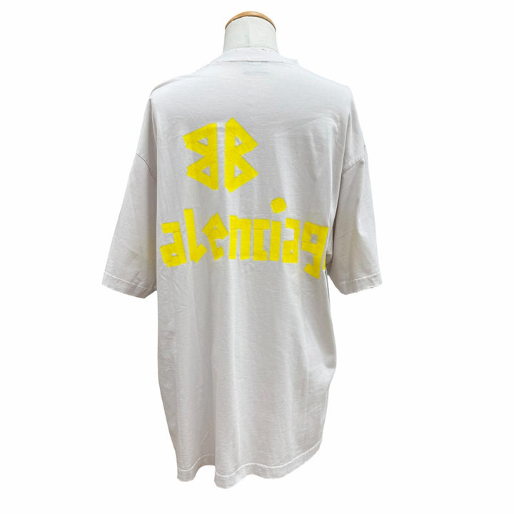 極美品▼BALENCIAGA バレンシアガ 739784 テープロゴ ダメージ加工 クルーネック オーバーサイズ 半袖Ｔシャツ ベージュ L 正規品 メンズ