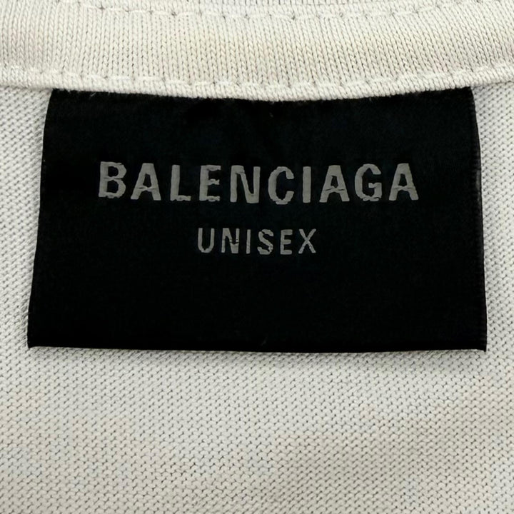 極美品▼BALENCIAGA バレンシアガ 739784 テープロゴ ダメージ加工 クルーネック オーバーサイズ 半袖Ｔシャツ ベージュ L 正規品 メンズ