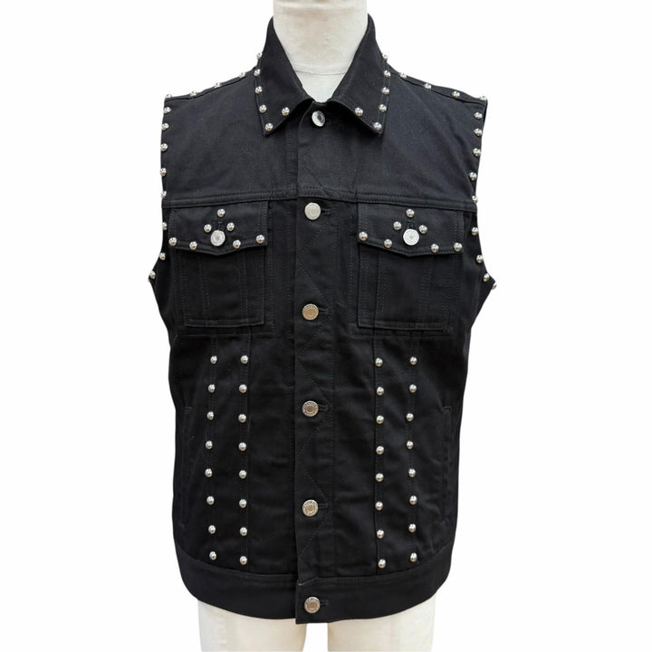 美品▼GIVENCHY ジバンシィ 16S 0924 461 コットン100% スタッズ デニムジャケット ジレ ベスト ブラック シルバー金具 L 正規品 メンズ