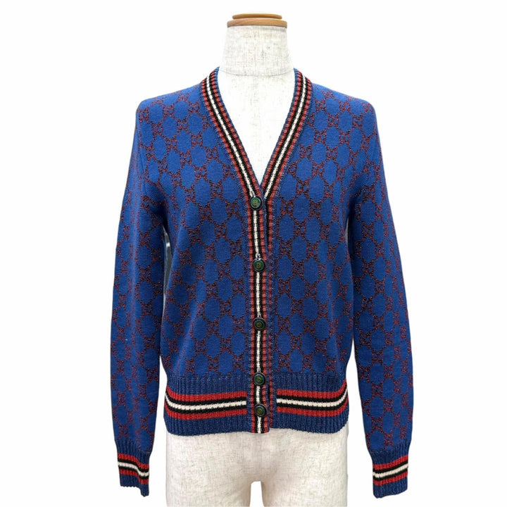 極美△GUCCI グッチ 478730 X5Z75 ウール シルク カシミヤ インターロッキングGボタン GG柄 ラメ Vネック 長袖 カーディガン XS 正規品