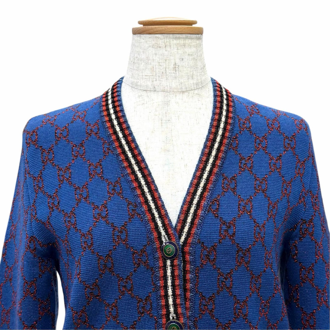 極美△GUCCI グッチ 478730 X5Z75 ウール シルク カシミヤ インターロッキングGボタン GG柄 ラメ Vネック 長袖 カーディガン XS 正規品