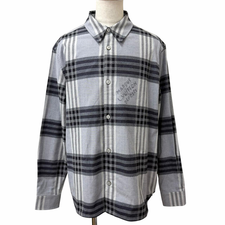 美品□LOUIS VUITTON ルイヴィトン 24AW ダミエチェック ロングスリーブ 長袖 フランネルシャツ グレー XXL イタリア製 正規品 メンズ