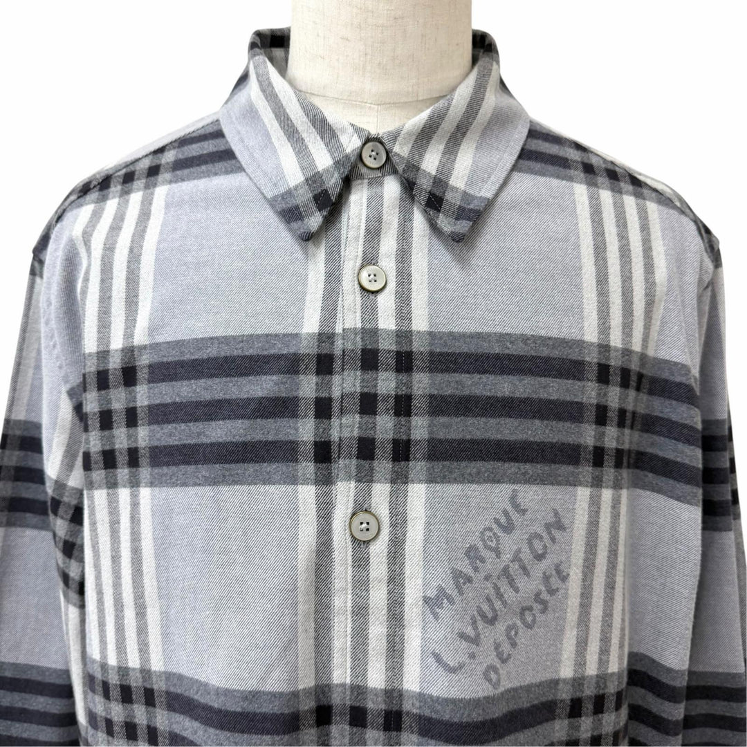 美品□LOUIS VUITTON ルイヴィトン 24AW ダミエチェック ロングスリーブ 長袖 フランネルシャツ グレー XXL イタリア製 正規品 メンズ