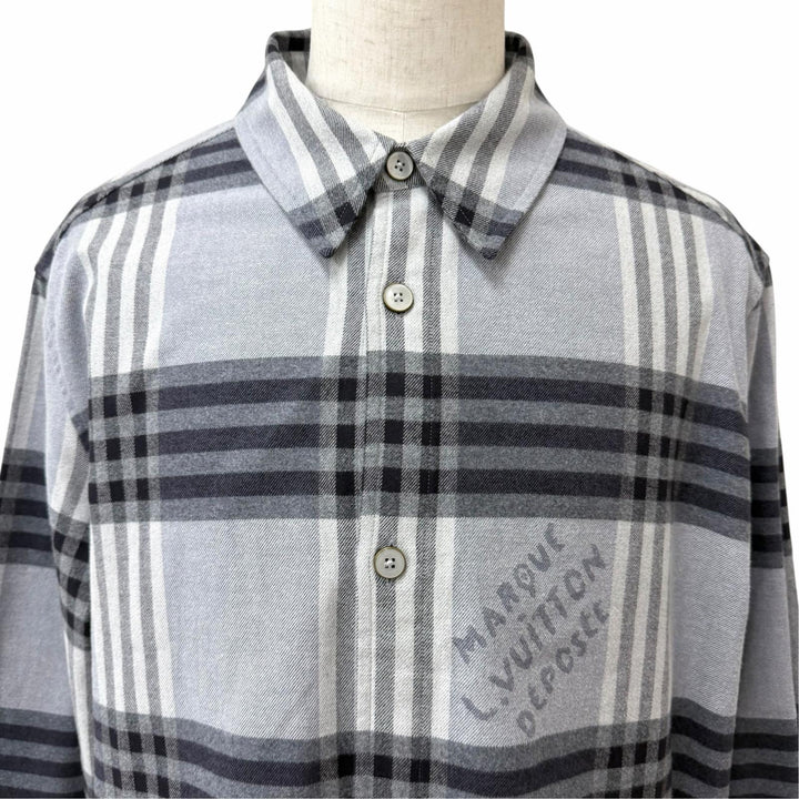 美品□LOUIS VUITTON ルイヴィトン 24AW ダミエチェック ロングスリーブ 長袖 フランネルシャツ グレー XXL イタリア製 正規品 メンズ