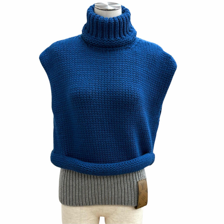 極美品★LOUIS VUITTON ルイヴィトン 24AW レザーモノグラムパッチ タートルネック ノースリーブ ニット ブルー グレー S 伊製 正規品