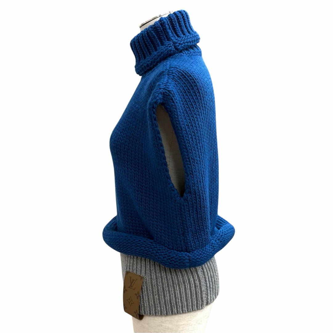 極美品★LOUIS VUITTON ルイヴィトン 24AW レザーモノグラムパッチ タートルネック ノースリーブ ニット ブルー グレー S 伊製 正規品
