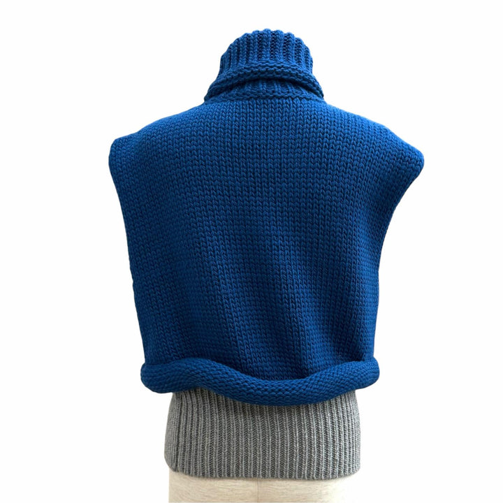 極美品★LOUIS VUITTON ルイヴィトン 24AW レザーモノグラムパッチ タートルネック ノースリーブ ニット ブルー グレー S 伊製 正規品