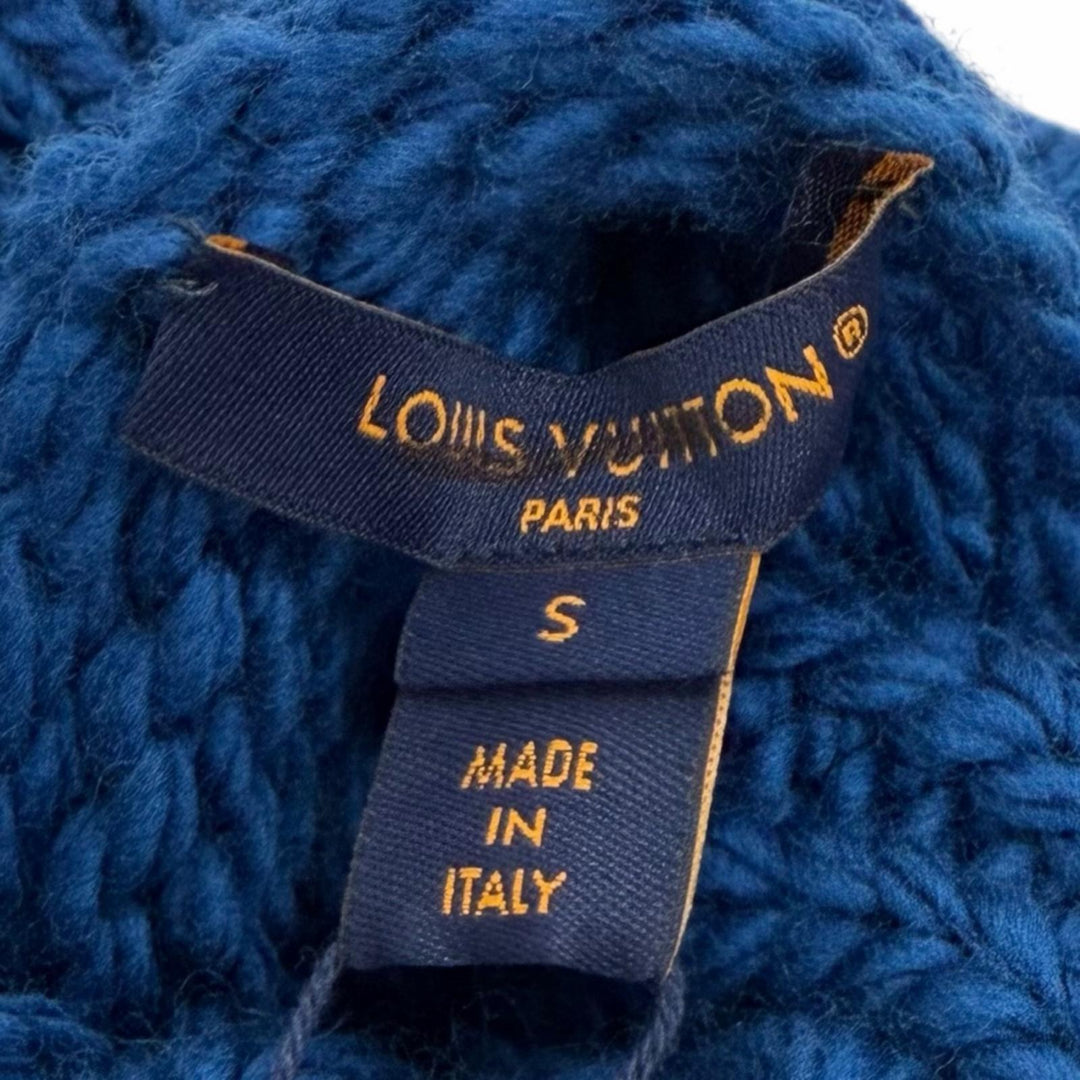 極美品★LOUIS VUITTON ルイヴィトン 24AW レザーモノグラムパッチ タートルネック ノースリーブ ニット ブルー グレー S 伊製 正規品