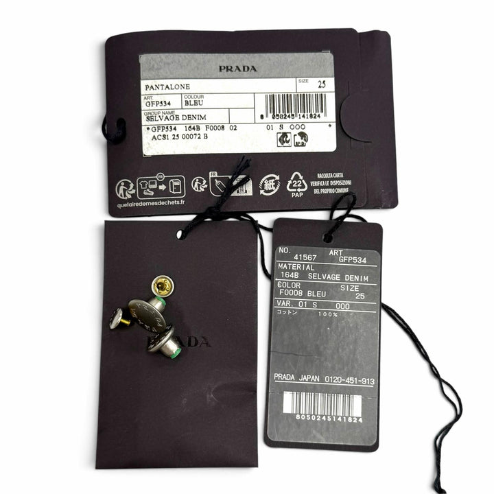 極美品★PRADA プラダ 2025年製 GFP534 コットン100％ レザーロゴパッチ セルビッジ デニムパンツ インディゴ 25 イタリア製 正規品