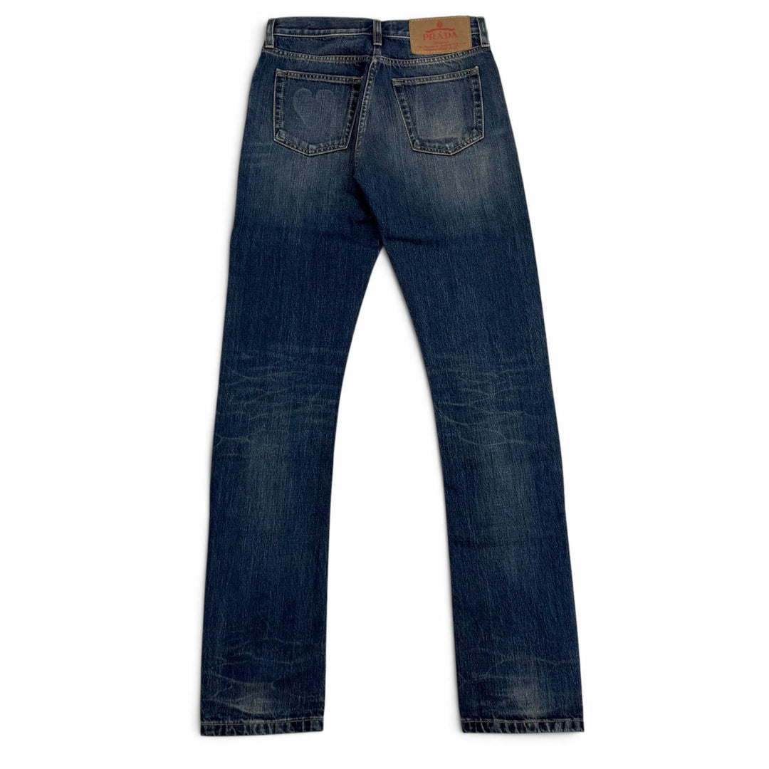 極美品★PRADA プラダ 2025年製 GFP534 コットン100％ レザーロゴパッチ セルビッジ デニムパンツ インディゴ 25 イタリア製 正規品