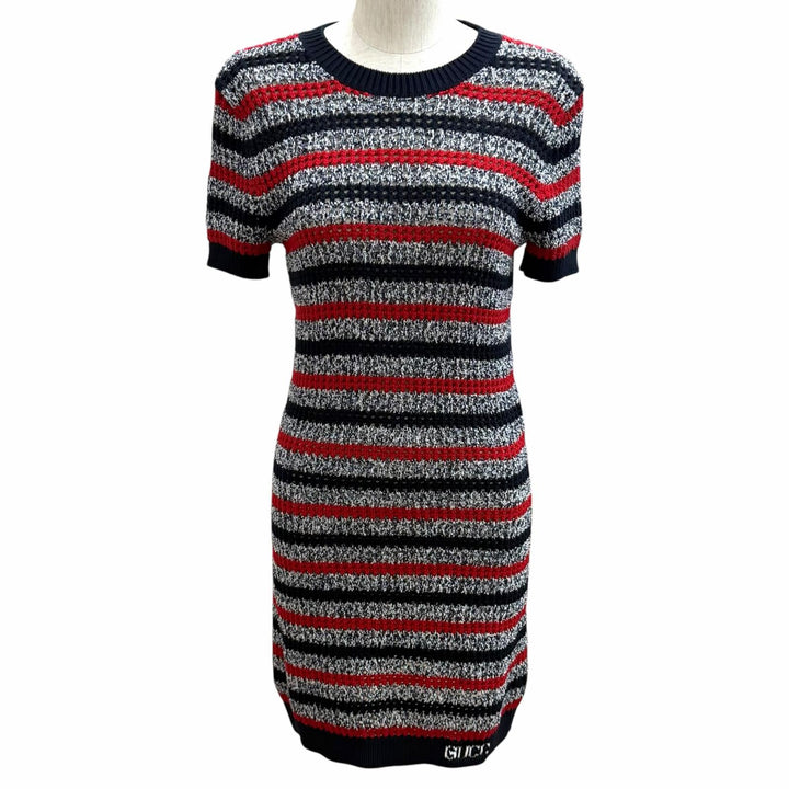 極美品★GUCCI グッチ 25AW 835988 ロゴ入り ボーダー 鍵編み 半袖ニット ワンピース マルチ XS イタリア製 正規品 レディース