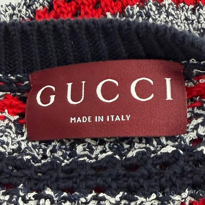 極美品★GUCCI グッチ 25AW 835988 ロゴ入り ボーダー 鍵編み 半袖ニット ワンピース マルチ XS イタリア製 正規品 レディース