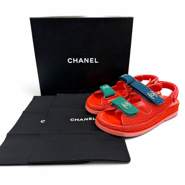 美品☆CHANEL シャネル 22S G35927 レザー使い ココマーク ベルクロ サンダル レッド ネイビー グリーン 36 イタリア製 箱・袋付