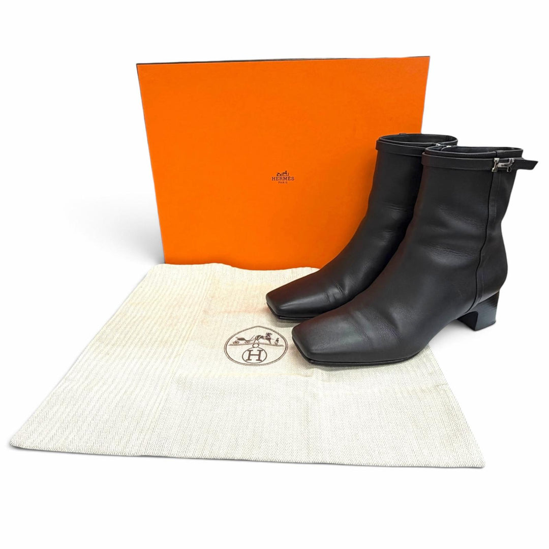 美品△HERMES エルメス HOMMAGE オマージュ シルバー金具 Hロゴ サイドジップ レザーアンクルブーツ ショートブーツ ブラック 37 箱 袋付