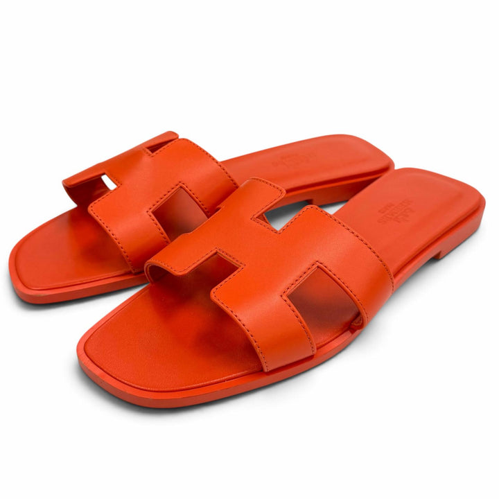 未使用品★HERMES エルメス オラン Hデザイン レザー フラット サンダル ミュール オレンジ 37.5 イタリア製 レディース