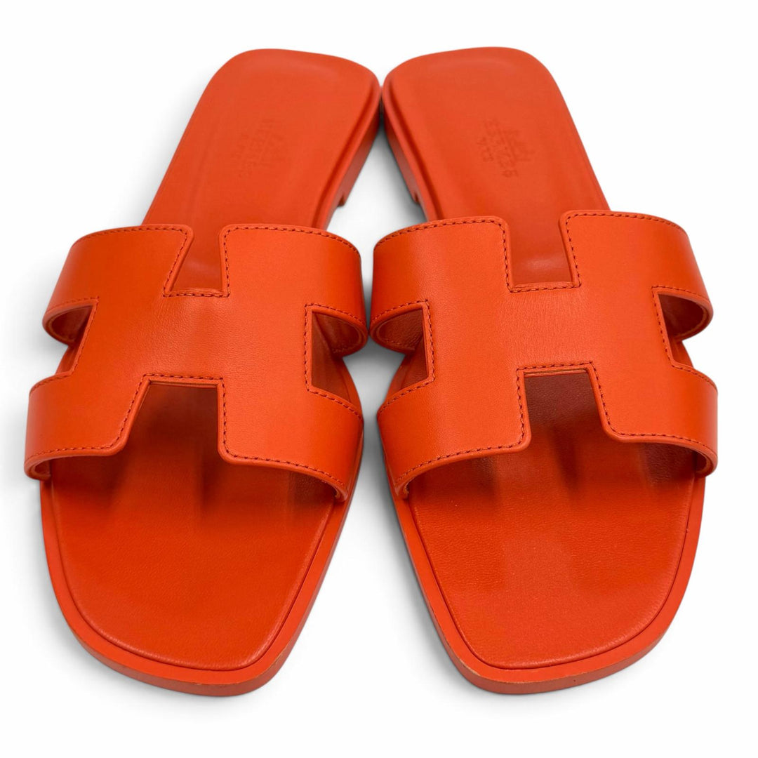 未使用品★HERMES エルメス オラン Hデザイン レザー フラット サンダル ミュール オレンジ 37.5 イタリア製 レディース