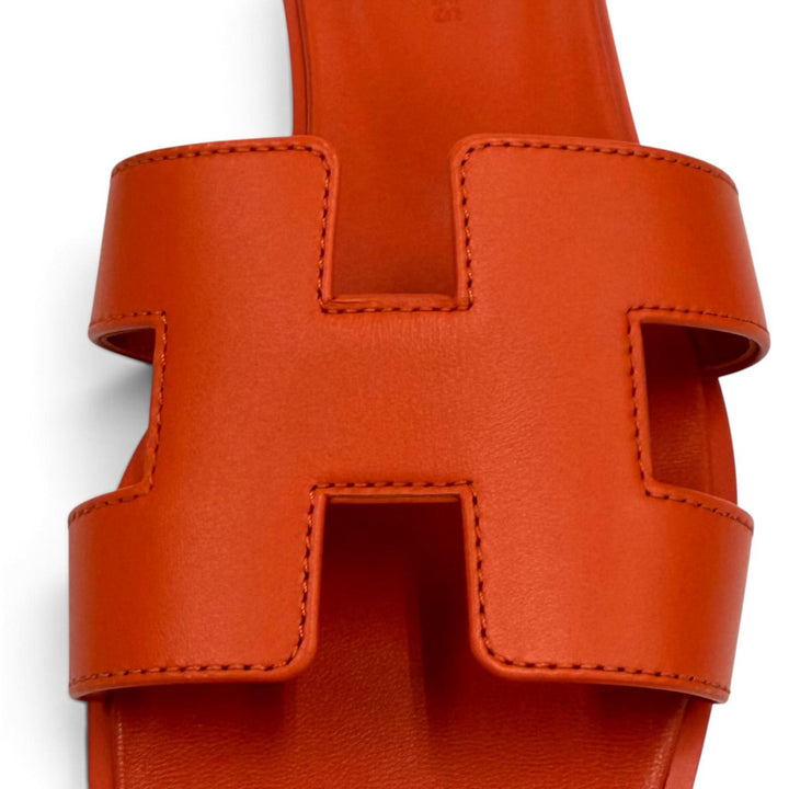未使用品★HERMES エルメス オラン Hデザイン レザー フラット サンダル ミュール オレンジ 37.5 イタリア製 レディース