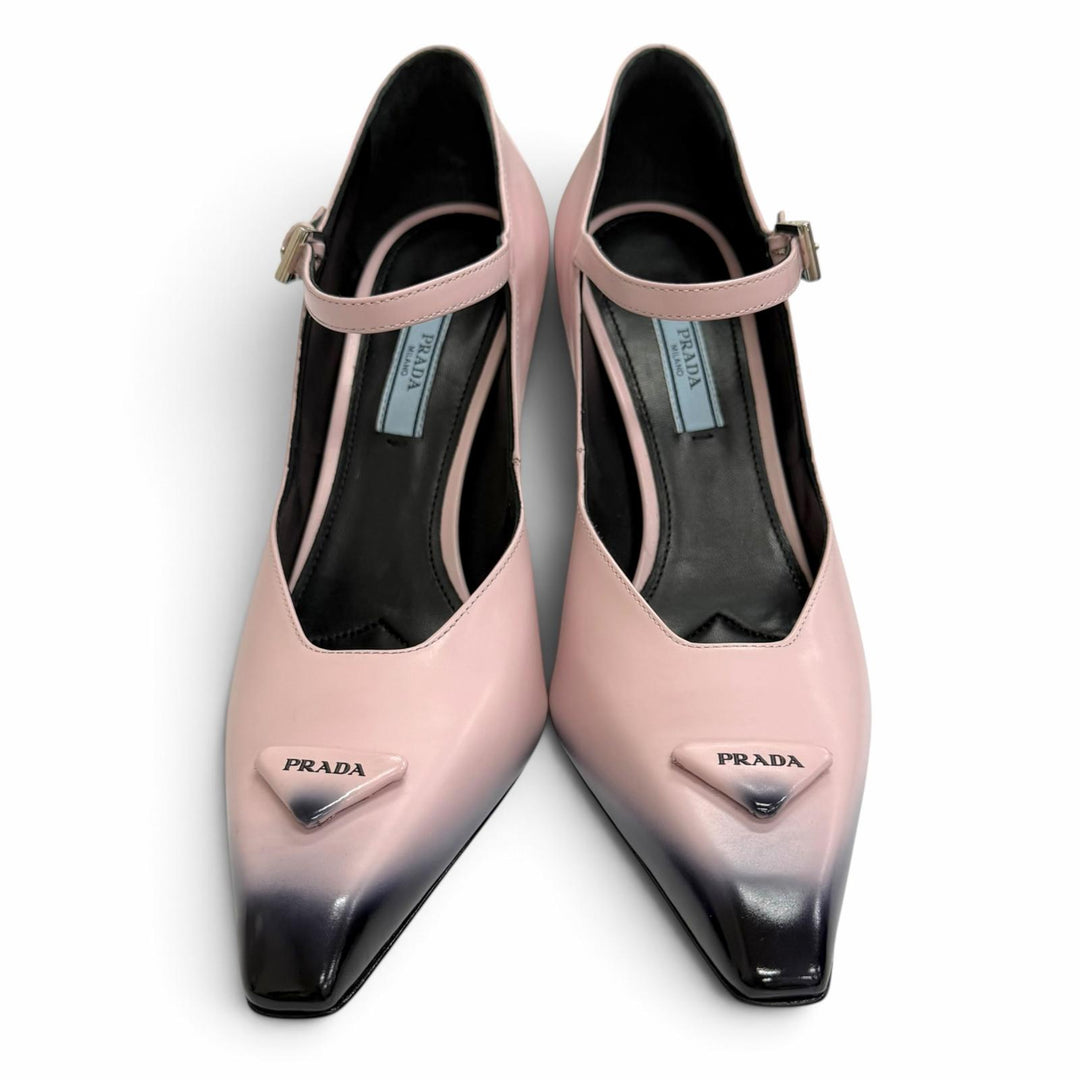 未使用品△PRADA プラダ トライアングルロゴ アンクルストラップ グラデーション レザー パンプス ピンク ブラック IT 36 伊製 箱付き