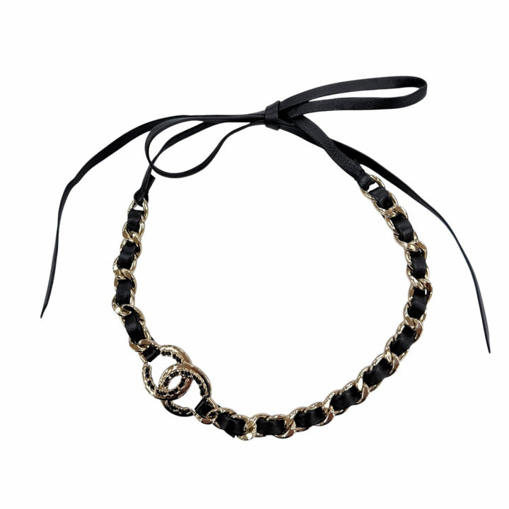 極美品☆CHANEL シャネル AB7846 B22P メタル ココマーク レザー使い ヘアバンド ヘアアクセサリー ブラック ゴールド 箱・保存袋付き