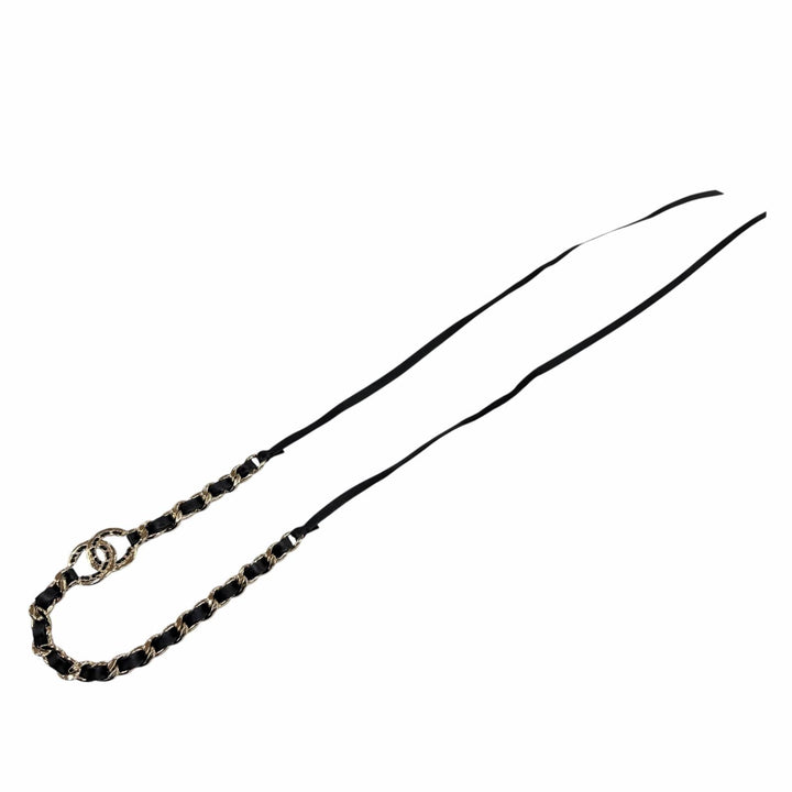 極美品☆CHANEL シャネル AB7846 B22P メタル ココマーク レザー使い ヘアバンド ヘアアクセサリー ブラック ゴールド 箱・保存袋付き