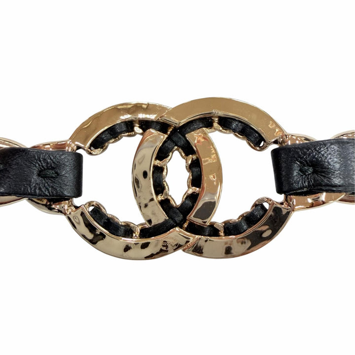 極美品☆CHANEL シャネル AB7846 B22P メタル ココマーク レザー使い ヘアバンド ヘアアクセサリー ブラック ゴールド 箱・保存袋付き